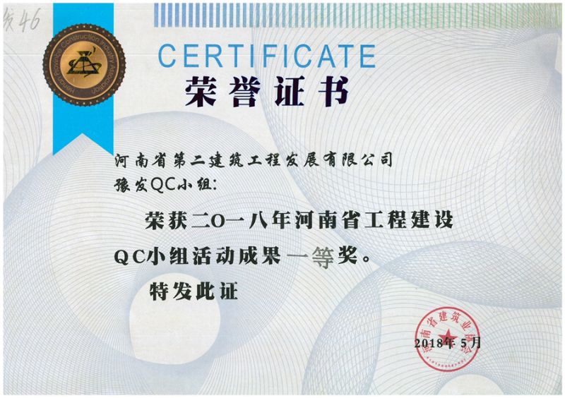 QC(河南省建筑業(yè)協(xié)會(huì))豫發(fā)QC小組一等獎(jiǎng)